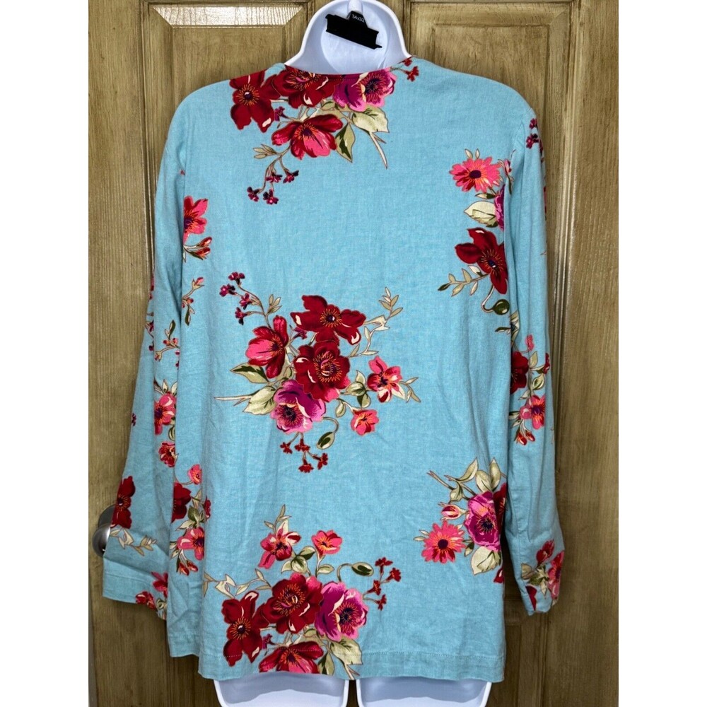 Susan Graver Style Floral Jacket Top Womens Blue Linen Blend Long Sleeve Medium - Picture 2 of 6